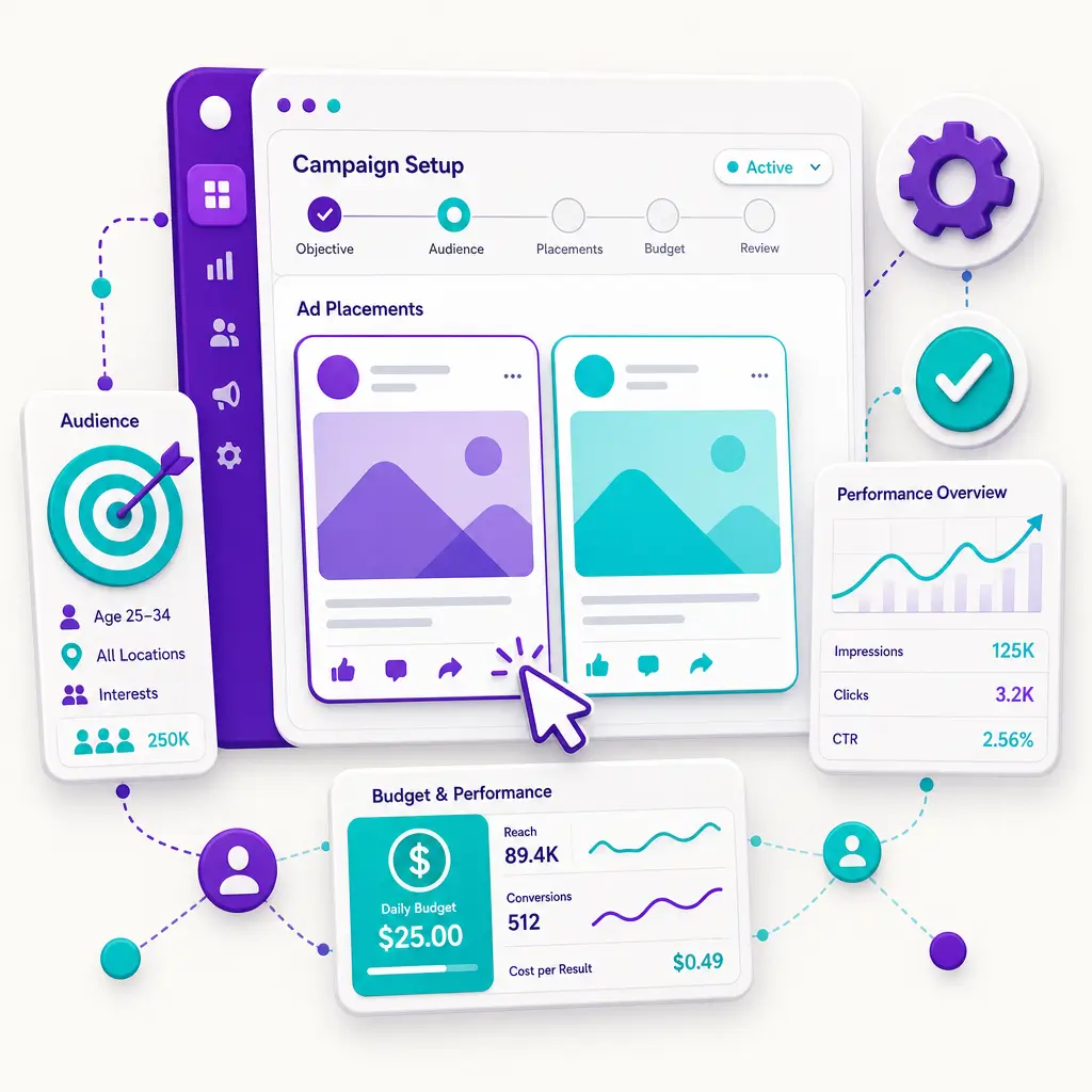 Basic Meta Ads Setup 1 Basic Meta Ads Setup Basic Meta Ads Setup concept showing Facebook and Instagram ad icons