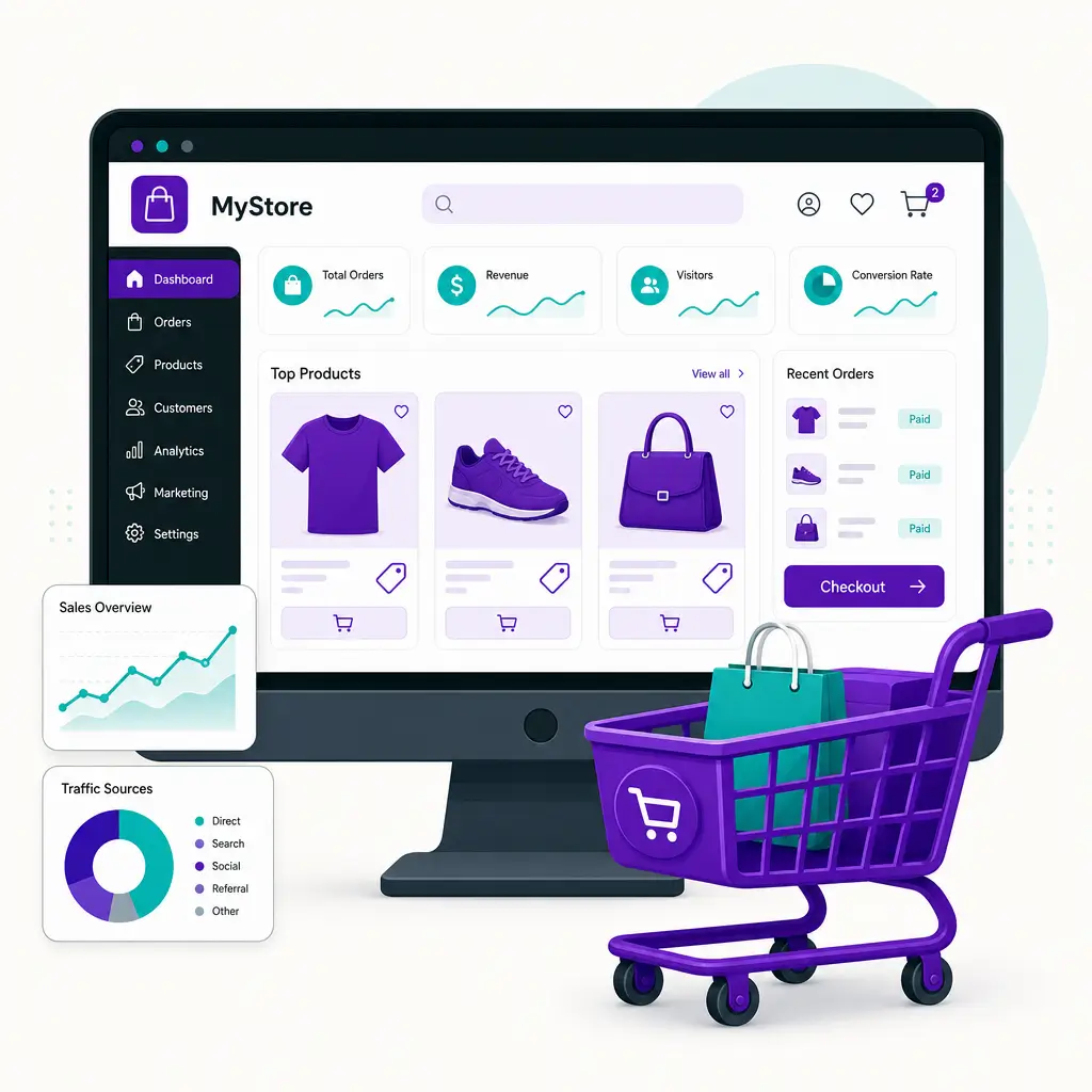 Basic WooCommerce Store 1 Basic WooCommerce Store Basic WooCommerce store concept showing a shopping cart on a screen with product cards