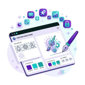 Custom UI icon set design service — 10 branded vector icons in SVG and PNG format for websites