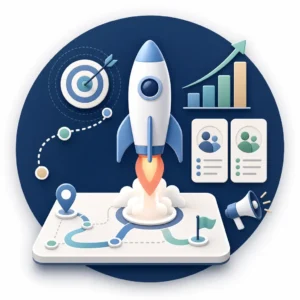 Go-to-market strategy concept with launch rocket