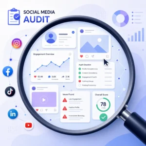 Social Media Audit concept showing a magnifying glass over social media app icons