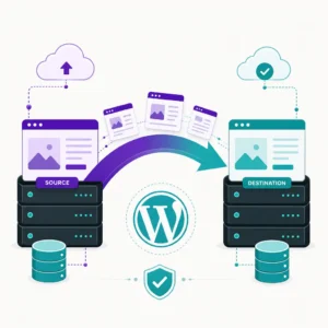 WordPress website migration concept showing a transfer arrow between servers